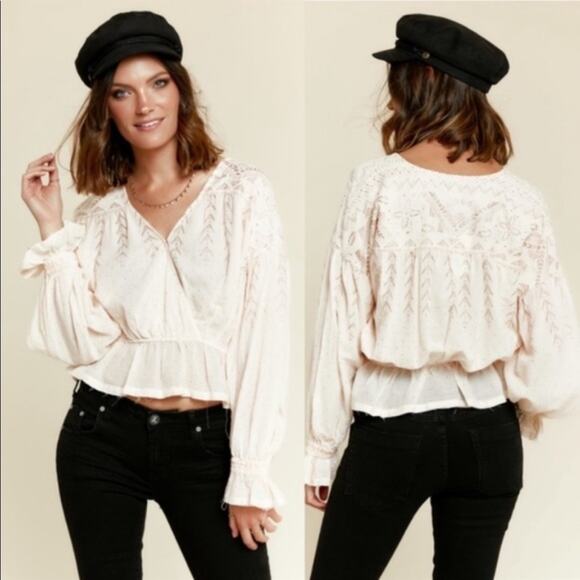 FREE PEOPLE Womens XS 100% Cotton V Neck Peplum Glitter Peasant Poet Blouse - Picture 4 of 12